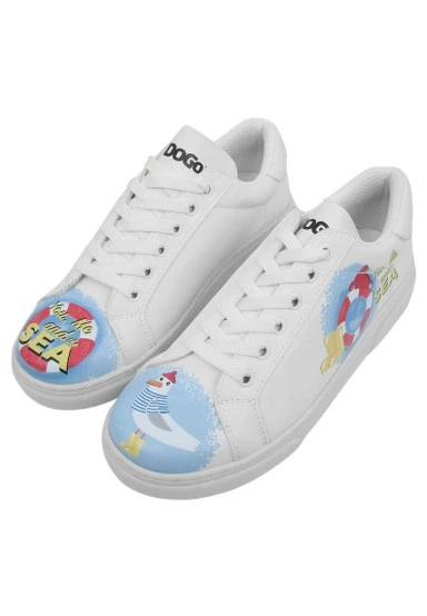 Femme Cuir Vegan Blanc Baskets - You, Me and the Sea Motif - 
