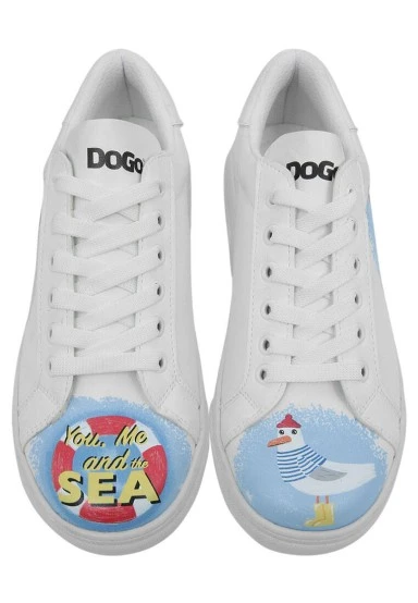 Femme Cuir Vegan Blanc Baskets - You, Me and the Sea Motif - 
