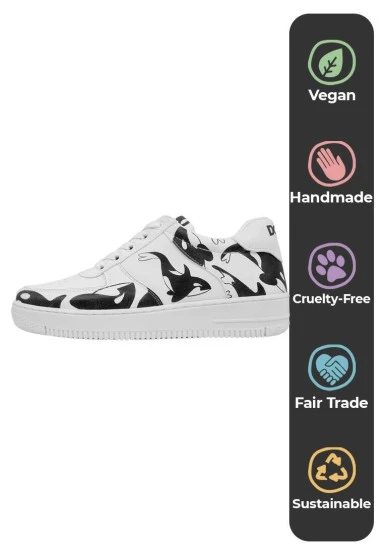 Femme Cuir Vegan Blanc Baskets - Flowing Orca Motif - 