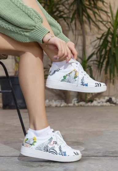 Femme Cuir Vegan Blanc Baskets - Fragile Motif - 