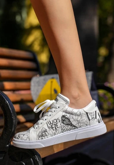 Femme Cuir Vegan Blanc Baskets - I was here Motif - 