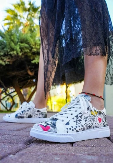 Femme Cuir Vegan Blanc Baskets - Icon Motif - 