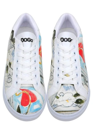 Femme Cuir Vegan Blanc Baskets - Hartley's Flower Motif - 