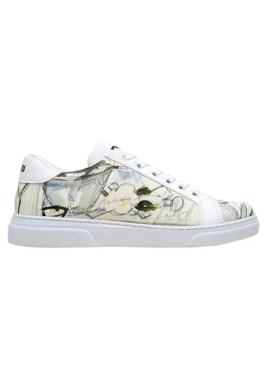 Femme Cuir Vegan Blanc Baskets - Hartley's Flower Motif - 