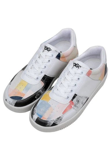 Femme Cuir Vegan Blanc Baskets - Geometric Shapes Motif - 