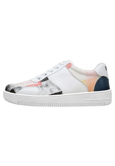 Femme Cuir Vegan Blanc Baskets - Geometric Shapes Motif - 