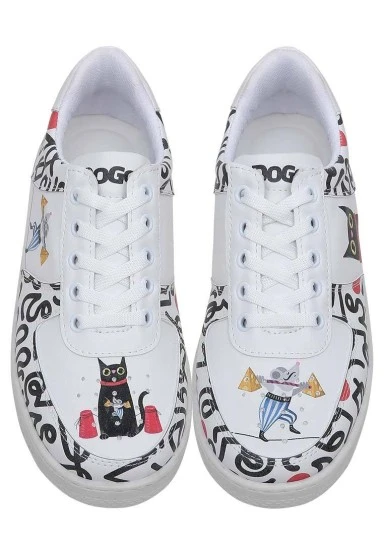 Femme Cuir Vegan Blanc Baskets - Cat and Mouse Motif - 