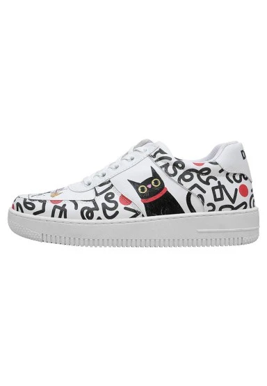 Femme Cuir Vegan Blanc Baskets - Cat and Mouse Motif - 