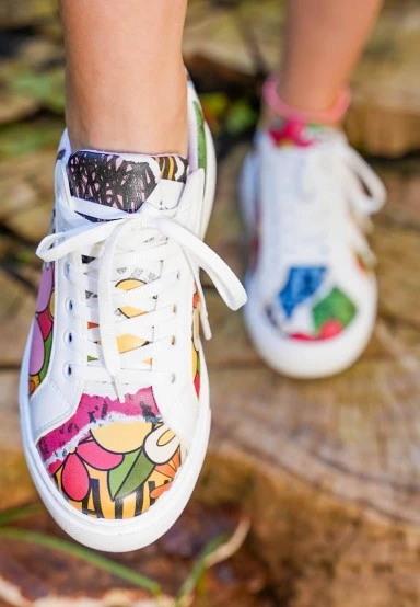 Femme Cuir Vegan Blanc Baskets - Creative Mess Motif - 