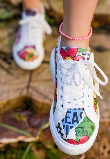 Femme Cuir Vegan Blanc Baskets - Creative Mess Motif - 