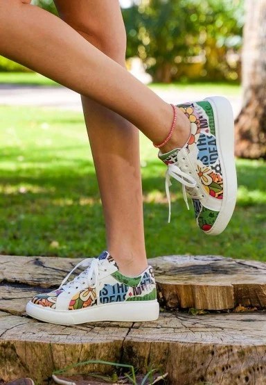 Femme Cuir Vegan Blanc Baskets - Creative Mess Motif - 