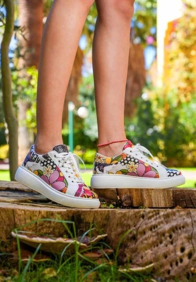Femme Cuir Vegan Blanc Baskets - Creative Mess Motif - 