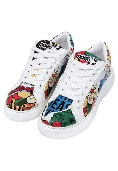 Femme Cuir Vegan Blanc Baskets - Creative Mess Motif - 