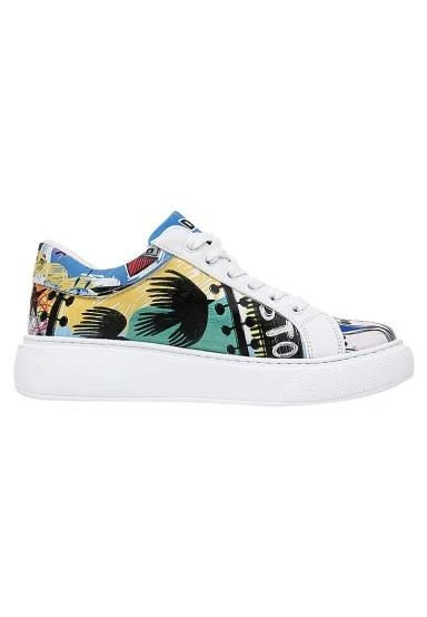 Femme Cuir Vegan Blanc Baskets - I was here Motif - 
