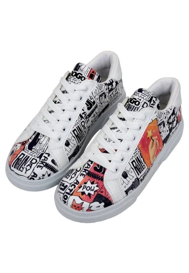Femme Cuir Vegan Blanc Baskets - Star Girl Motif - 
