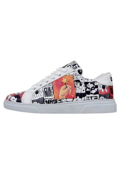Femme Cuir Vegan Blanc Baskets - Star Girl Motif - 