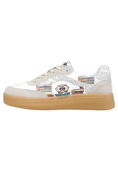 Femme Cuir Vegan Blanc Baskets - The Wise Owl Motif - 