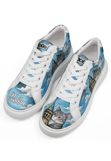 Femme Cuir Vegan Blanc Baskets - Galata Cat Motif - 