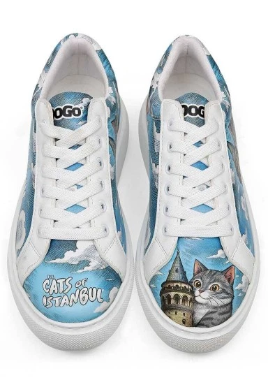 Femme Cuir Vegan Blanc Baskets - Galata Cat Motif - 
