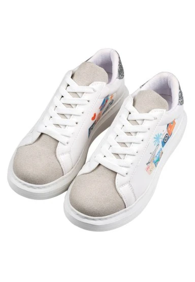 Femme Cuir Vegan Blanc Baskets - Travel Collage Motif - 