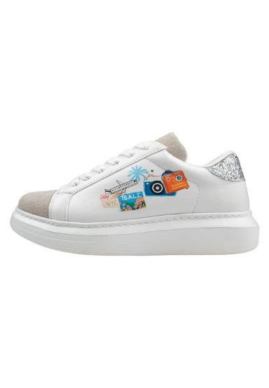 Femme Cuir Vegan Blanc Baskets - Travel Collage Motif - 