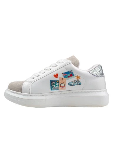 Femme Cuir Vegan Blanc Baskets - Travel Collage Motif - 