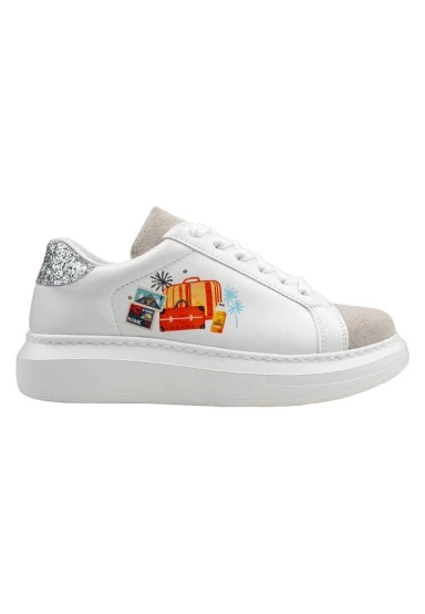 Femme Cuir Vegan Blanc Baskets - Travel Collage Motif - 