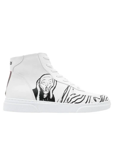 Femme Cuir Vegan Blanc Baskets Hautes - Edvard Munch The Scream Muse Motif - 