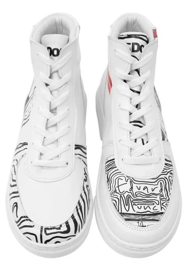 Femme Cuir Vegan Blanc Baskets Hautes - Edvard Munch The Scream Muse Motif - 