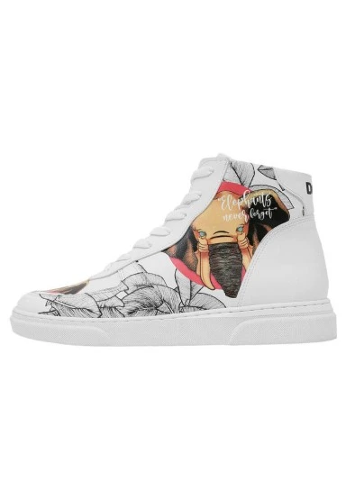 Femme Cuir Vegan Blanc Baskets Hautes - Elephants Never Forget Motif - 