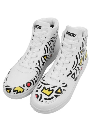 Femme Cuir Vegan Blanc Baskets Hautes - Abstract Outline Blanc Motif - 