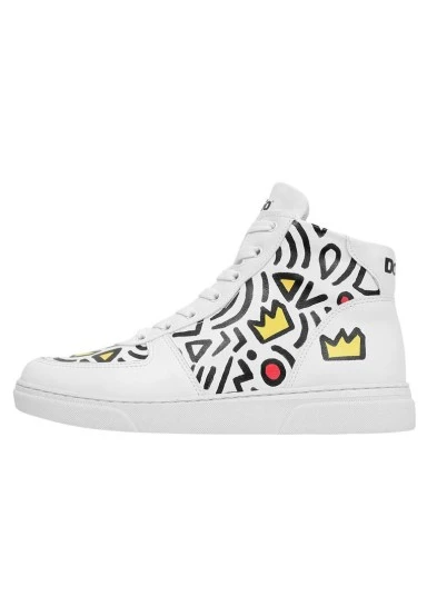 Femme Cuir Vegan Blanc Baskets Hautes - Abstract Outline Blanc Motif - 