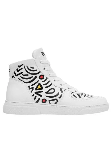 Femme Cuir Vegan Blanc Baskets Hautes - Abstract Outline Blanc Motif - 