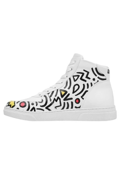 Femme Cuir Vegan Blanc Baskets Hautes - Abstract Outline Blanc Motif - 