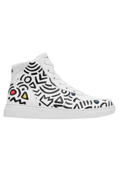 Femme Cuir Vegan Blanc Baskets Hautes - Abstract Outline Blanc Motif - 