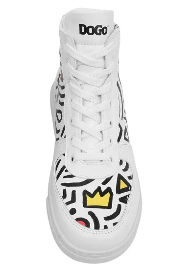 Femme Cuir Vegan Blanc Baskets Hautes - Abstract Outline Blanc Motif - 