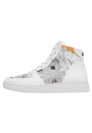 Femme Cuir Vegan Blanc Baskets Hautes - There You Are Motif - 