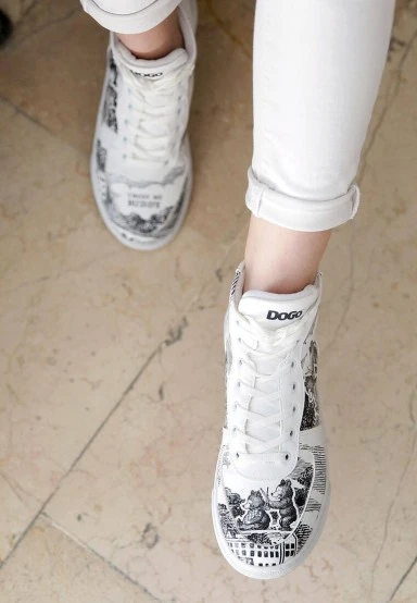 Femme Cuir Vegan Blanc Baskets Hautes - Trust Me Buddy Motif - 