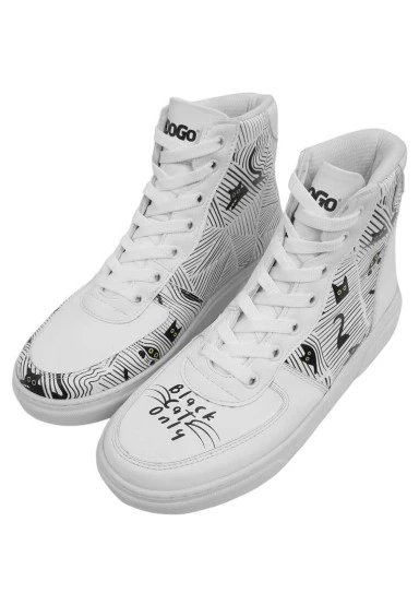 Femme Cuir Vegan Blanc Baskets Hautes - Black Cats Only Motif - 