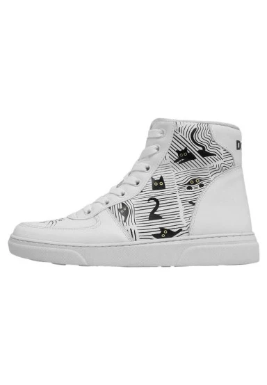 Femme Cuir Vegan Blanc Baskets Hautes - Black Cats Only Motif - 
