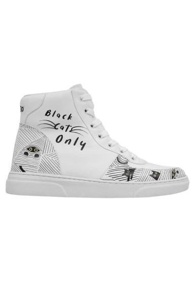 Femme Cuir Vegan Blanc Baskets Hautes - Black Cats Only Motif - 