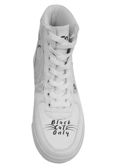 Femme Cuir Vegan Blanc Baskets Hautes - Black Cats Only Motif - 