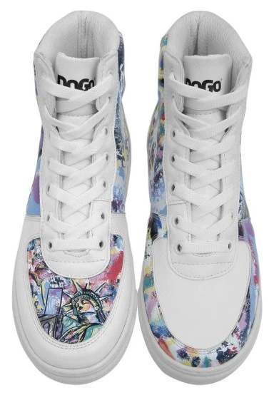 Femme Cuir Vegan Blanc Baskets Hautes - New York State of Mind Motif - 