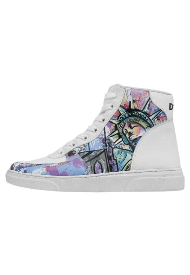 Femme Cuir Vegan Blanc Baskets Hautes - New York State of Mind Motif - 