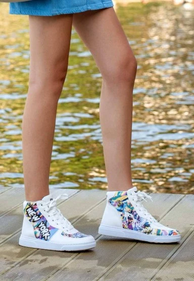 Femme Cuir Vegan Blanc Baskets Hautes - New York State of Mind Motif - 