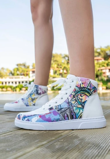 Femme Cuir Vegan Blanc Baskets Hautes - New York State of Mind Motif - 