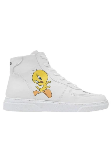 Femme Cuir Vegan Blanc Baskets Hautes - Warner Bros Tweety Classic Motif - 