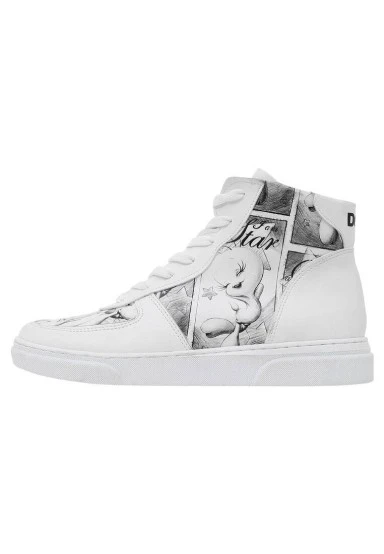 Femme Cuir Vegan Blanc Baskets Hautes - Warner Bros Tweety Sketch Motif - 