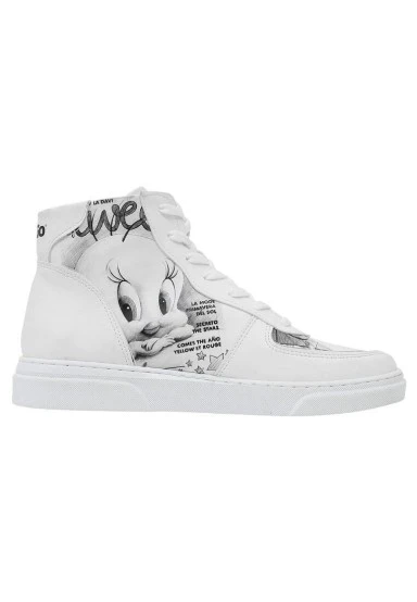 Femme Cuir Vegan Blanc Baskets Hautes - Warner Bros Tweety Sketch Motif - 