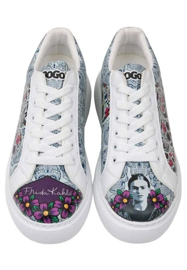Femme Cuir Vegan Blanc Baskets - Remembrance Of Frida Kahlo Motif - 